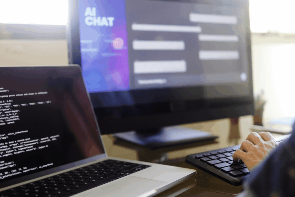 person programming an ai chat bot for a website
