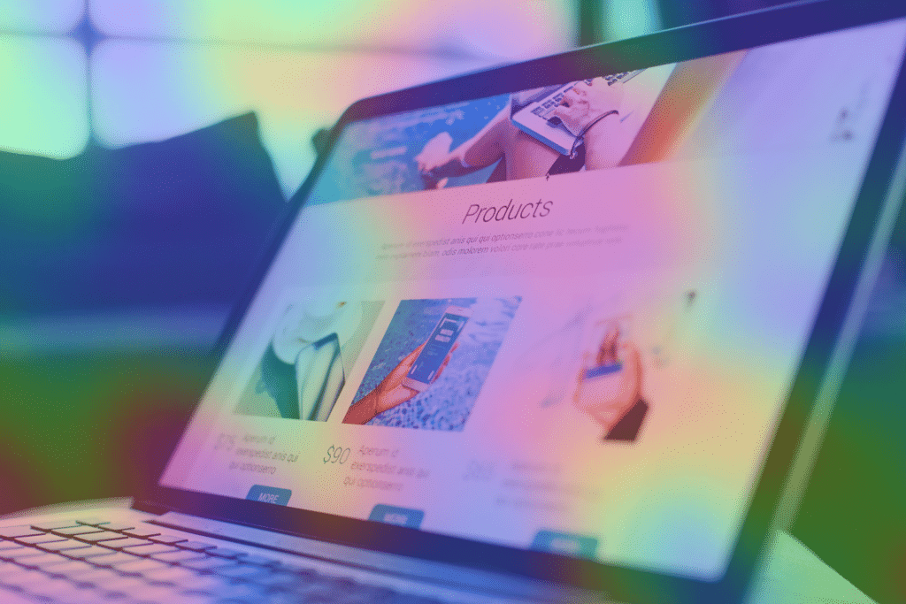 a website on a laptop with a heatmap overlay