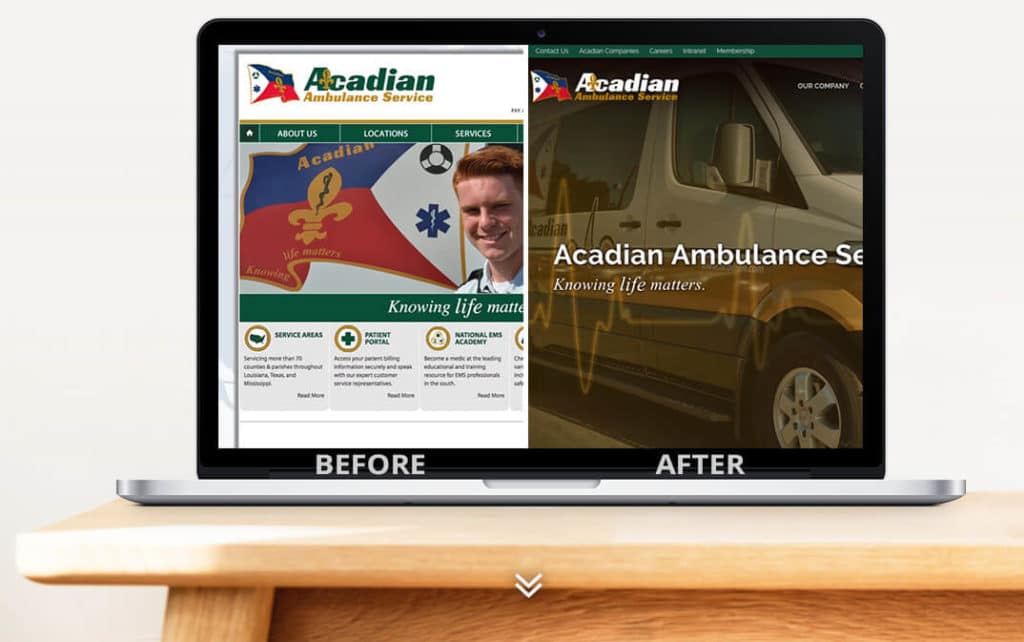 Acadian Ambulance before & after website redesign screenshots