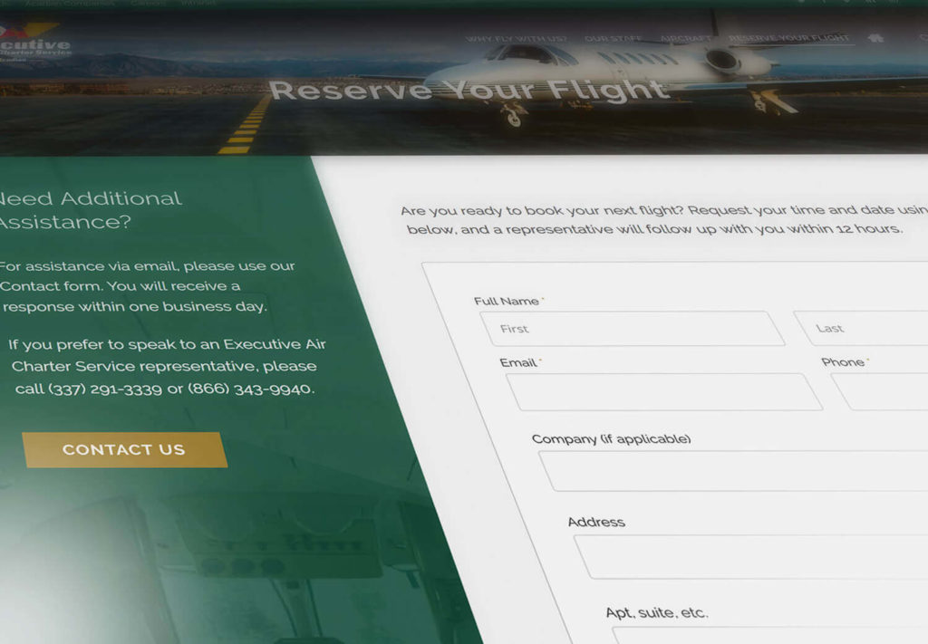 Responsive Website Design Services for Executive Aircraft Charter Service contact page