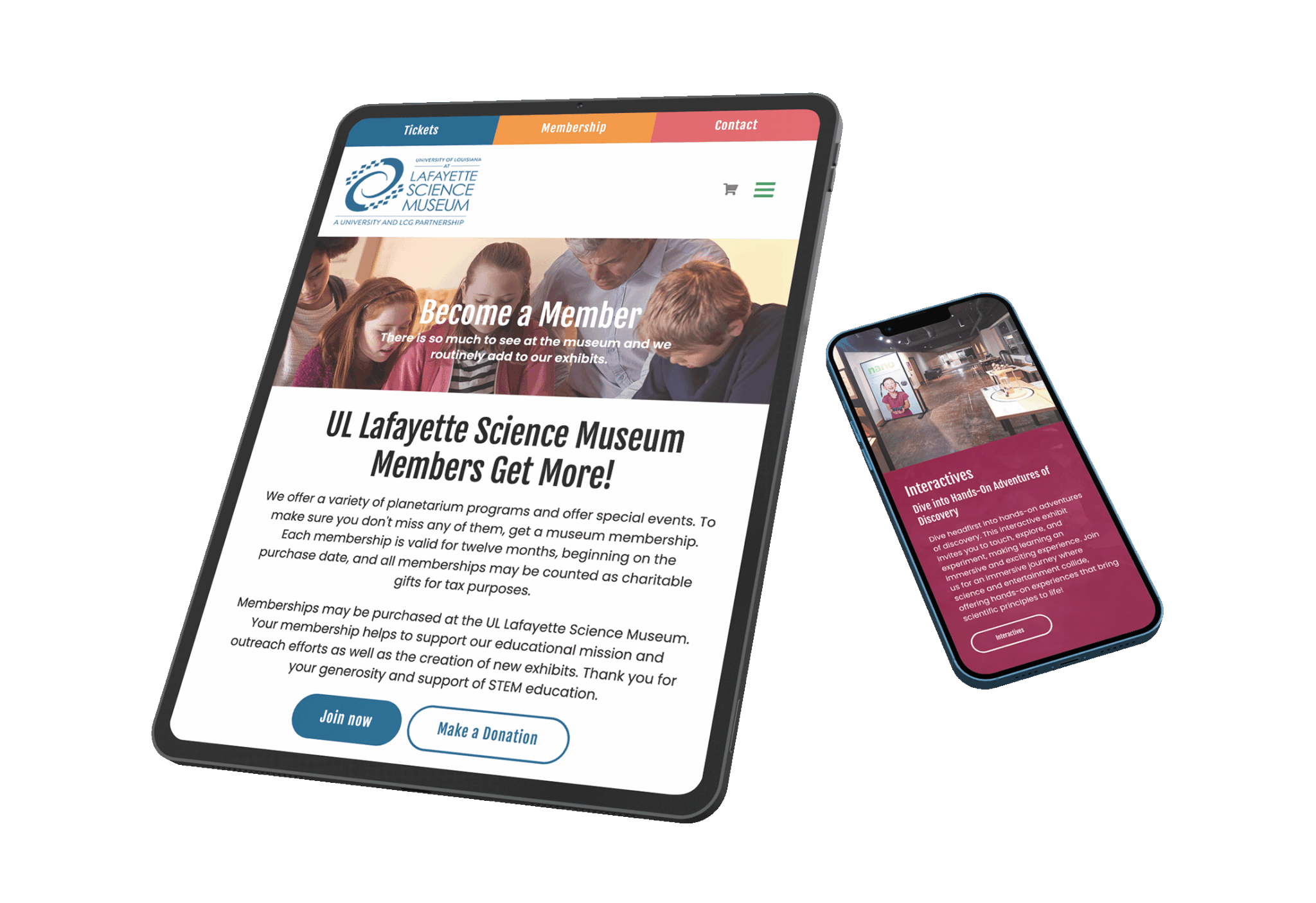 UL Lafayette Science Museum iPad Pro and iPhone 13 Pro Max Mockup UL Lafayette Science Museum design mockup