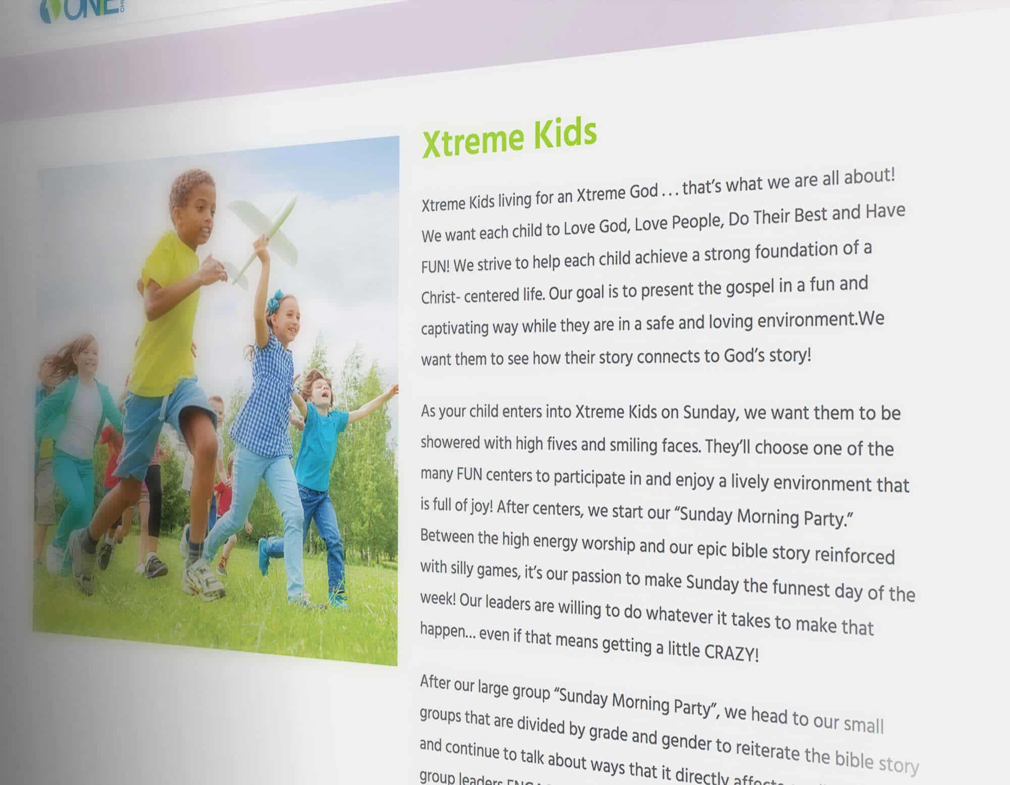 Responsive Website Design Services for One Church kids ministry page