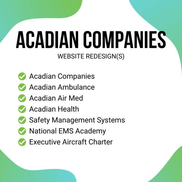 Our joy is building long-standing relationships with our clients. 

To be trusted time and time again by our clients to take them to the next level is a feat that we never take for granted. For Acadian in particular, we thought it'd be fun to share the evolution of the Acadian brand throughout the years. 📈🚀

We're so honored to have been part of this project and we're looking forward to the next era 😉✨

🚀🚀🚀🚀

Services:
- Search Engine Optimization (SEO) Audit
- Website Design
- Website Development
- SEO Implementation
- Website Management Services

Websites:
- Acadian Companies
- Acadian Ambulance
- Acadian Air Med
- Acadian Health
- Safety Management Systems
- National EMS Academy
- Executive Aircraft Charter
